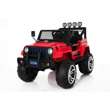 Monster Jeep elektrische kinderauto rood zijkant
